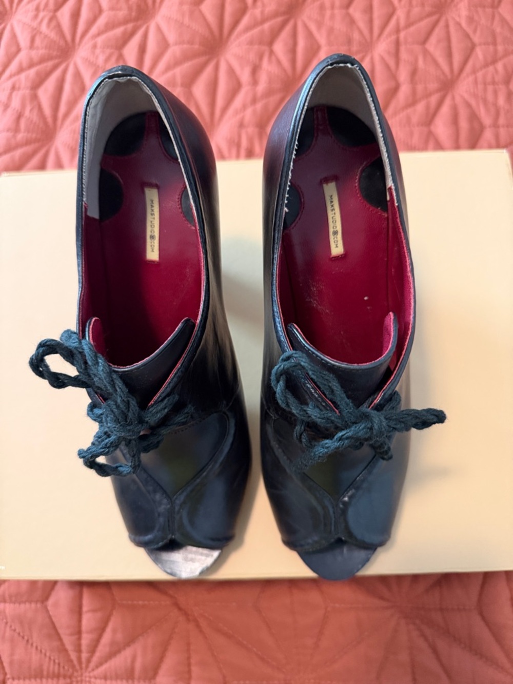 Max Studio Black Lace-Up Peep-Toe Heels with Red Interior